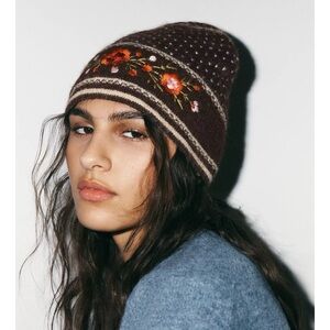 Zara Floral Embroidered Brown Beanie